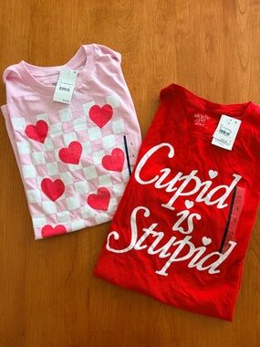 Red "Cupid is Striped" Graphic Tee + Pink Heart Checker Tee